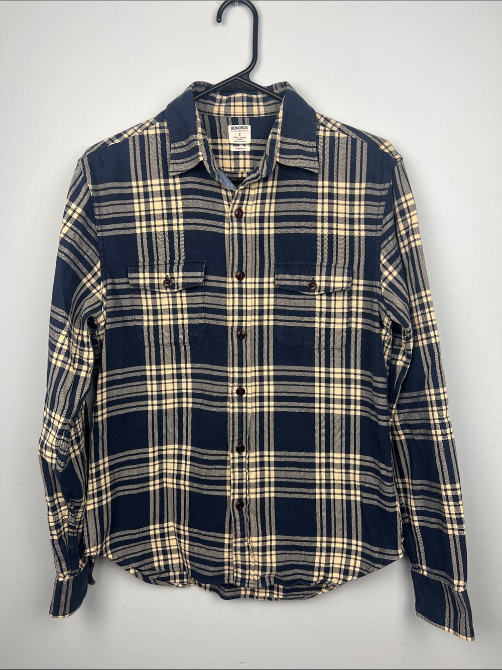 Bonobos small men’s plaid button up shirt blue & cream